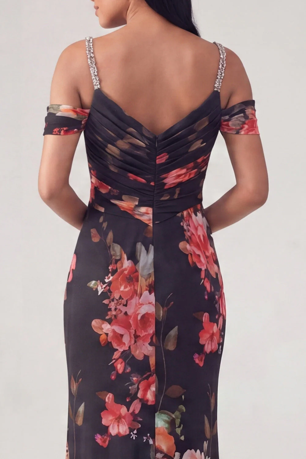 Black Cold Shoulder Sheath Ruched Floral Dress - Image 4