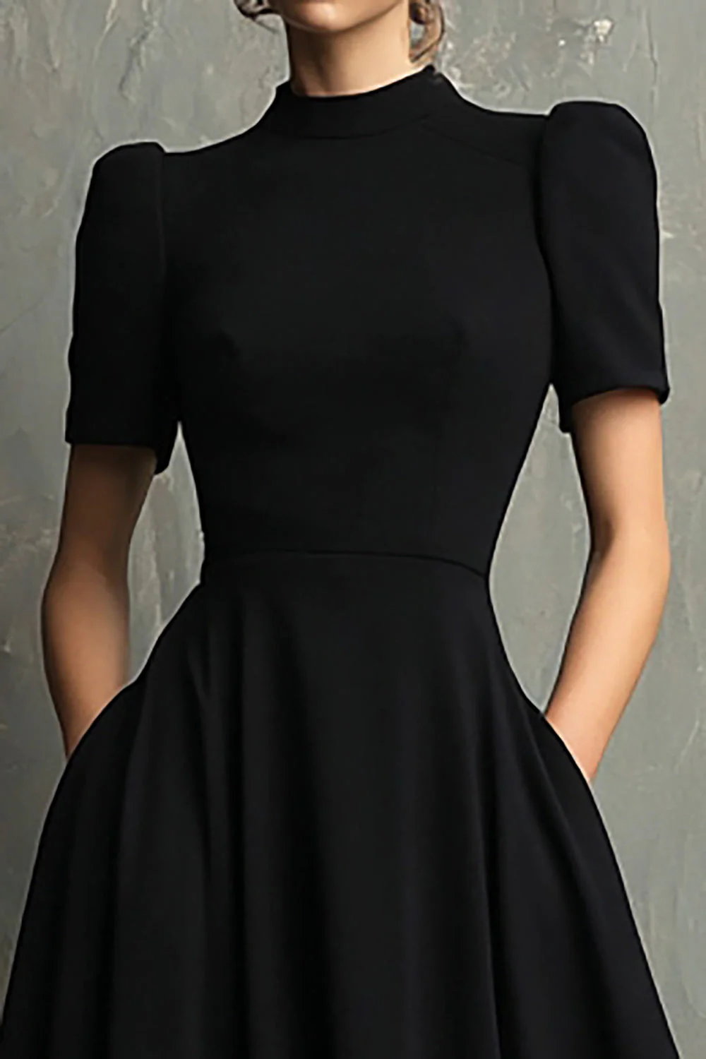 Black Crepe A Line Formal Dress with Short Sleeves - Image 2