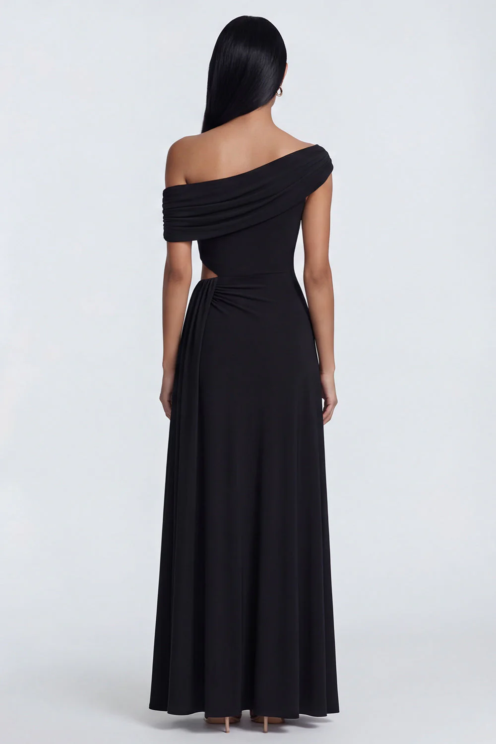 A Line Cut Out Asymmetrical Neck Long Black Tie Dress with Slit - Image 2