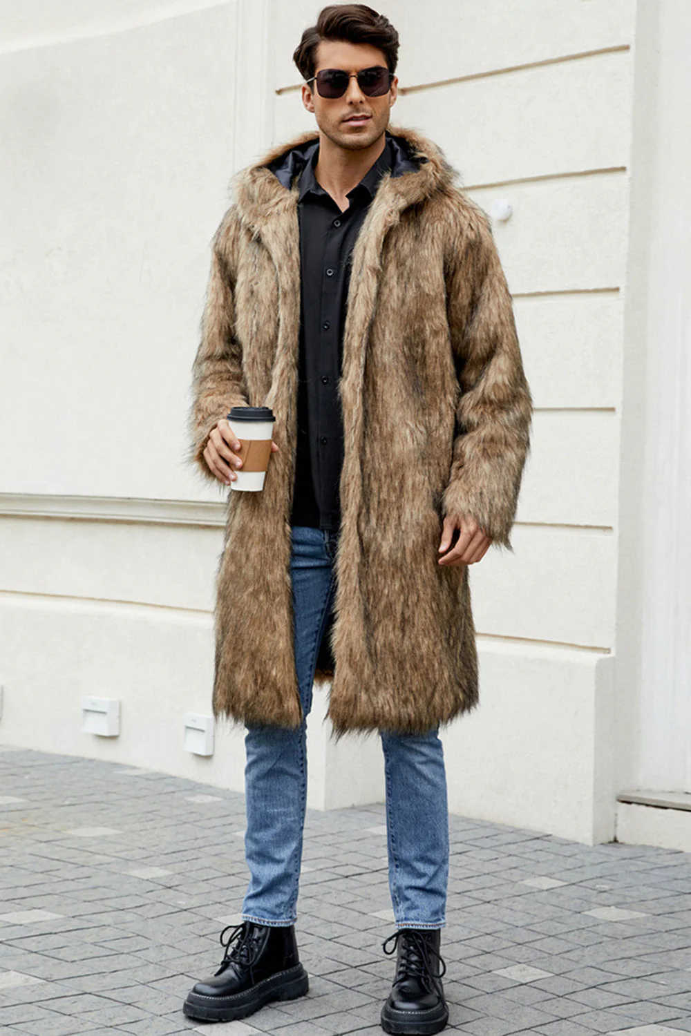 Black Faux Fur Long Warm Winter Men's Coat with Hood - Image 2