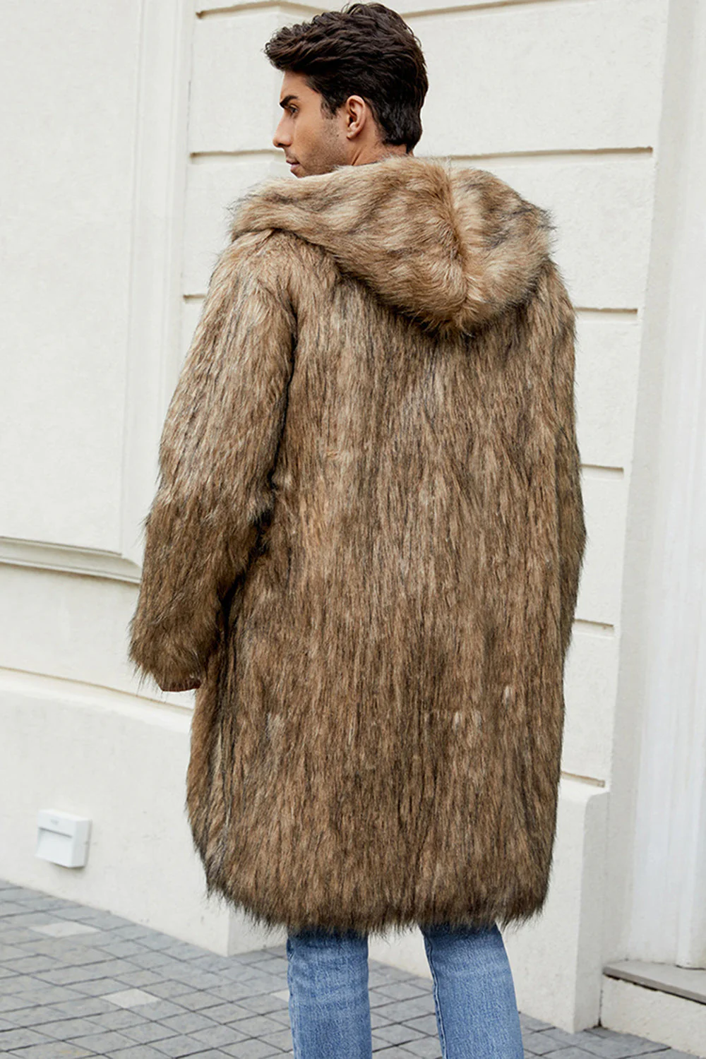 Black Faux Fur Long Warm Winter Men's Coat with Hood - Image 3