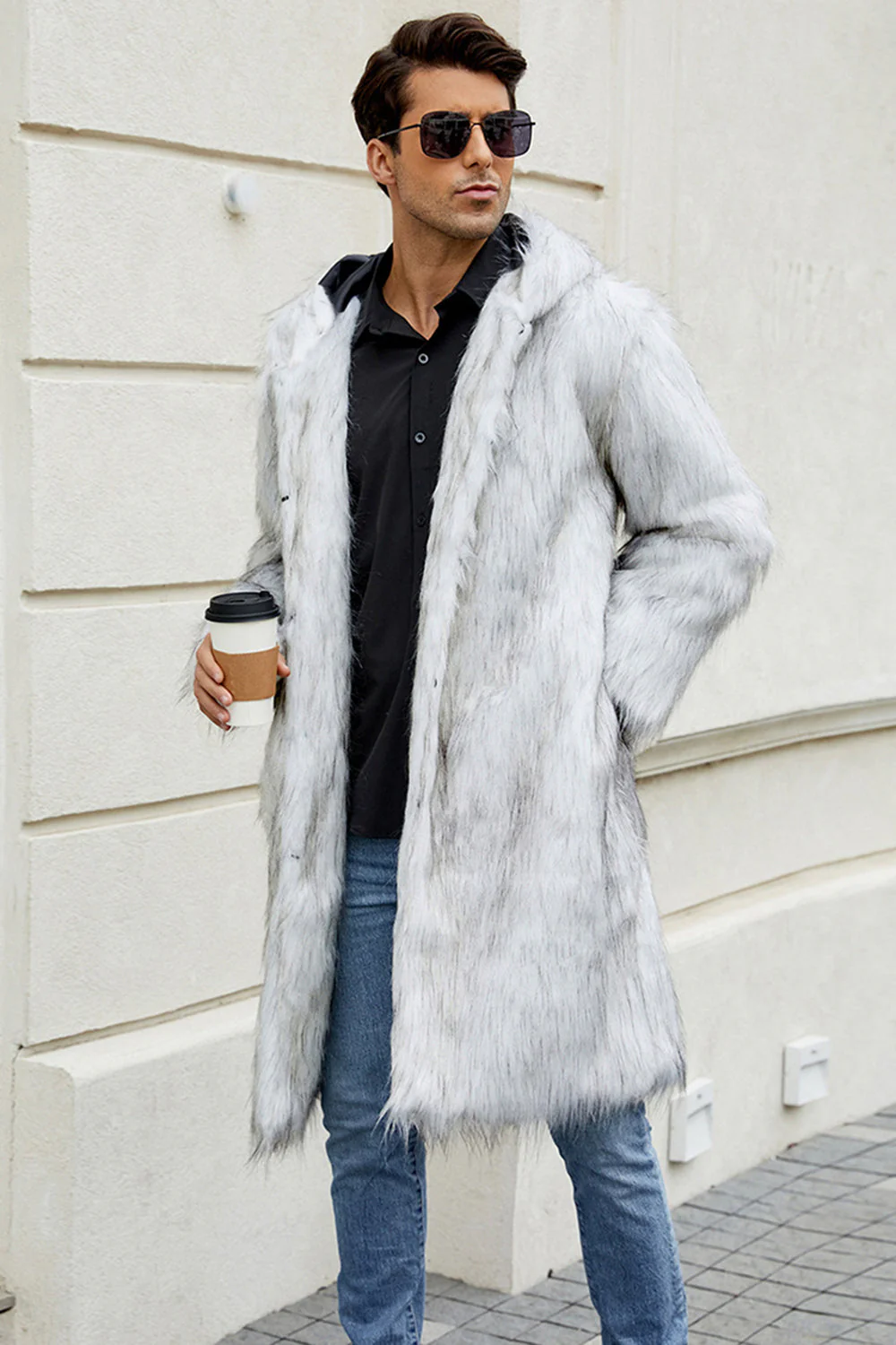 Black Faux Fur Long Warm Winter Men's Coat with Hood - Image 4