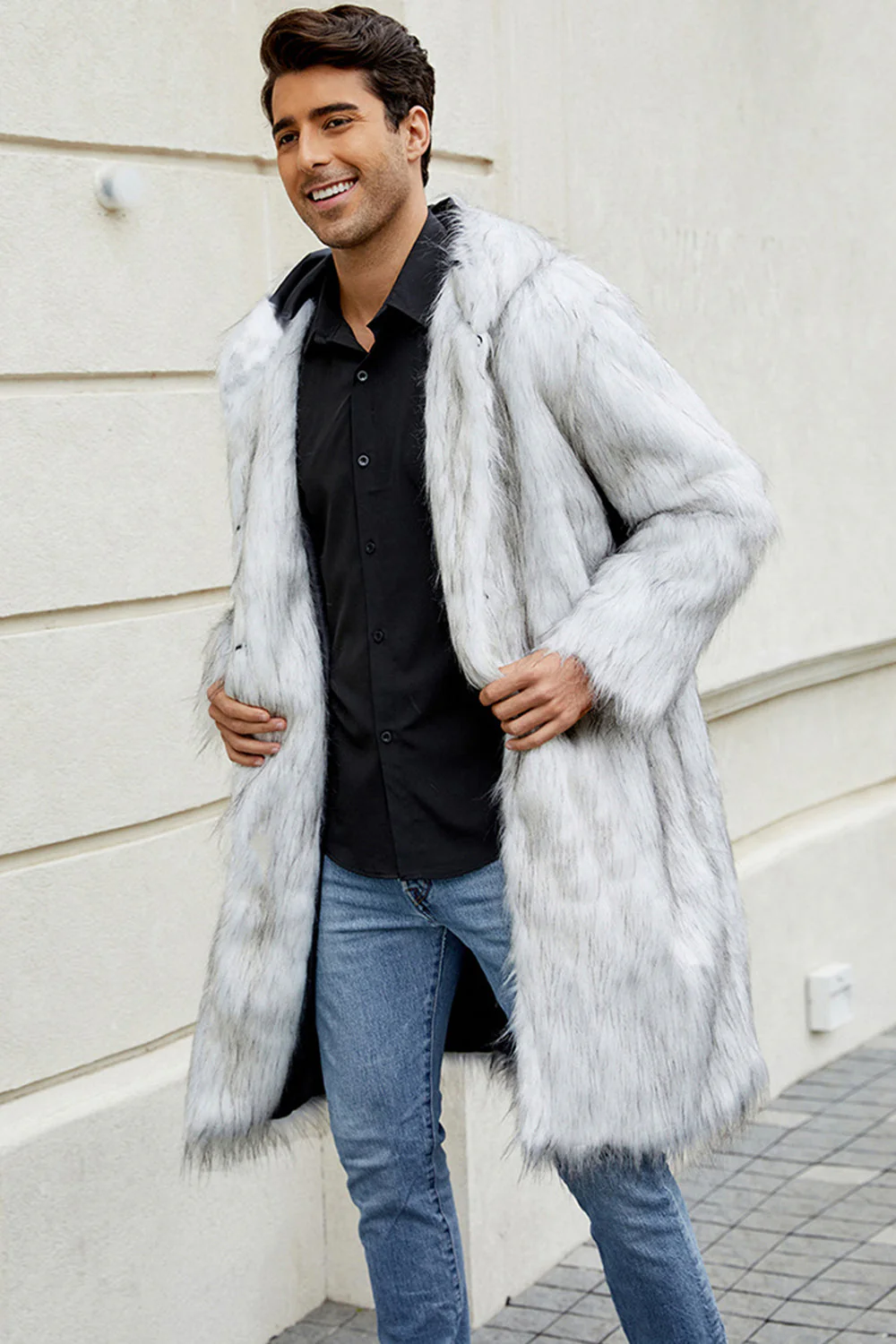 Black Faux Fur Long Warm Winter Men's Coat with Hood - Image 5