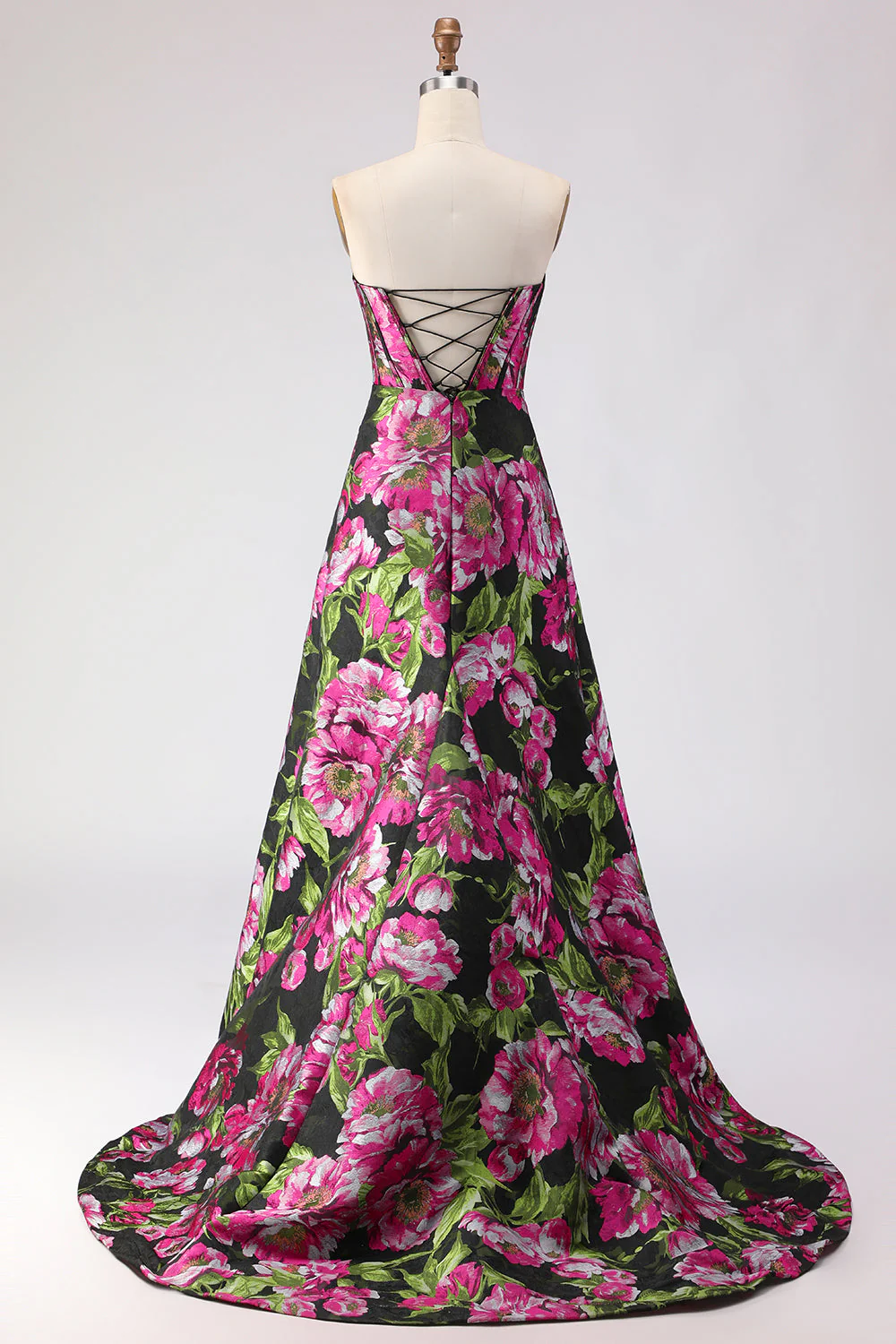 Black Floral A Line Strapless Corset Jacquard Long Prom Dress with Slit - Image 2