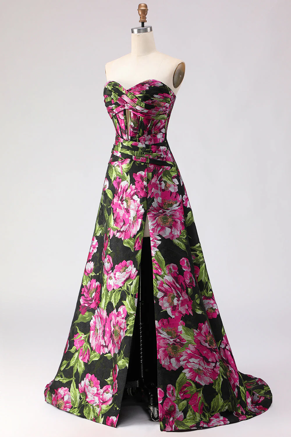 Black Floral A Line Strapless Corset Jacquard Long Prom Dress with Slit - Image 3