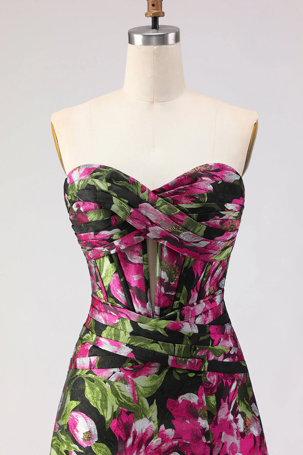 Black Floral A Line Strapless Corset Jacquard Long Prom Dress with Slit - Image 4