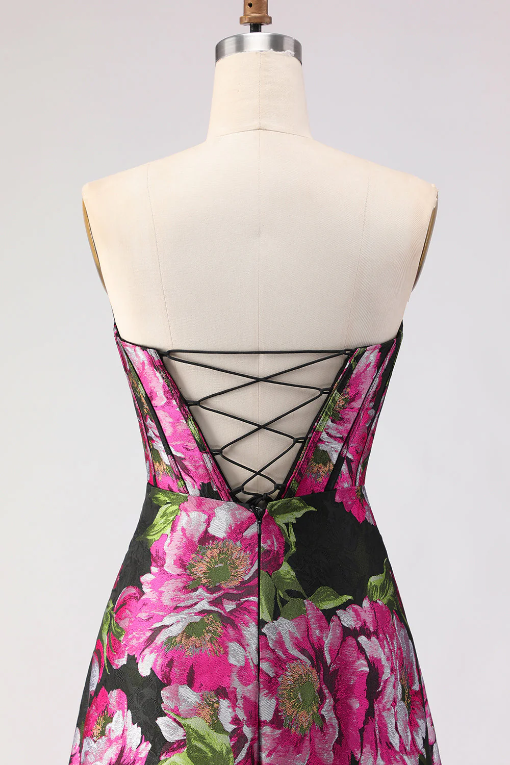 Black Floral A Line Strapless Corset Jacquard Long Prom Dress with Slit - Image 5