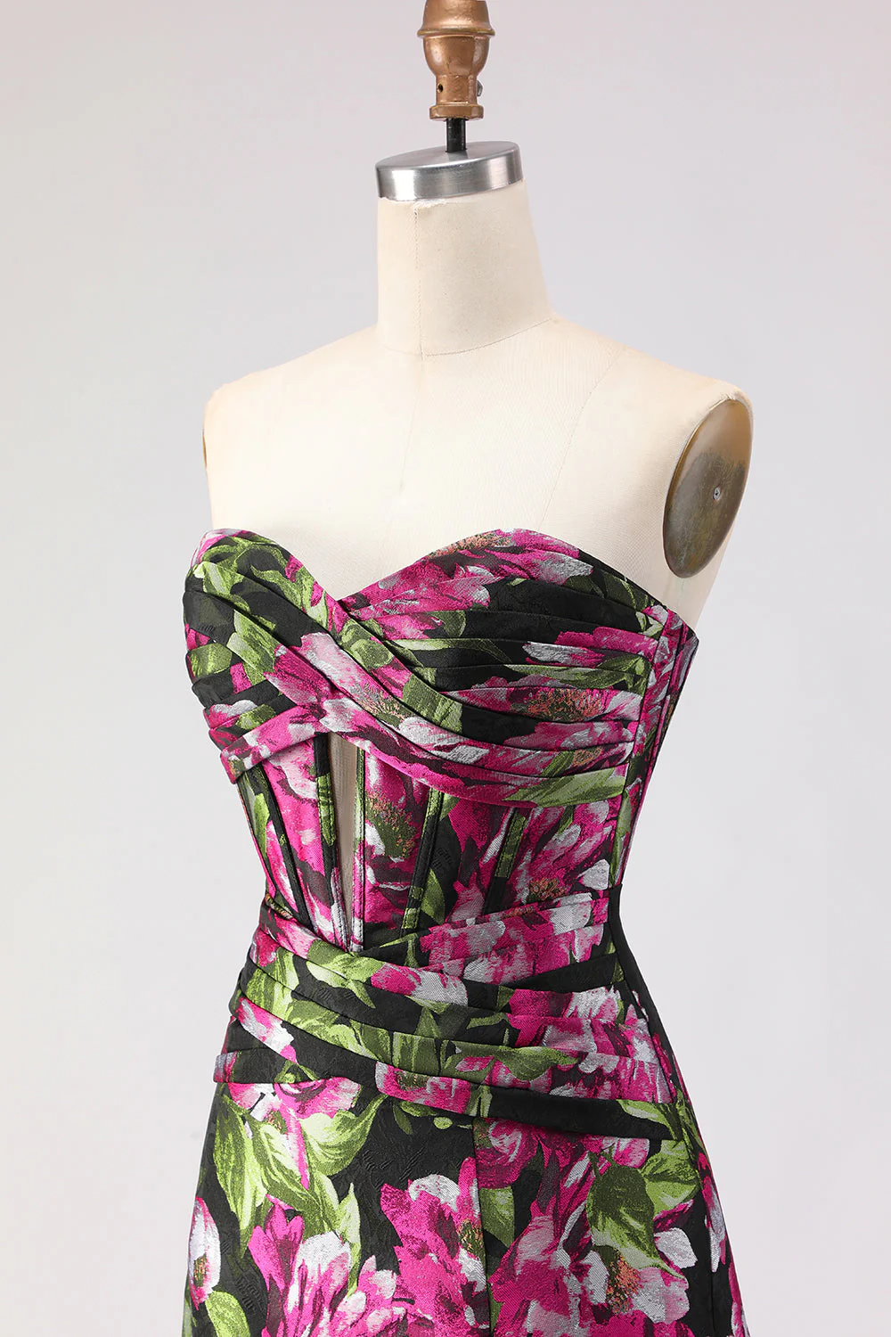 Black Floral A Line Strapless Corset Jacquard Long Prom Dress with Slit - Image 6
