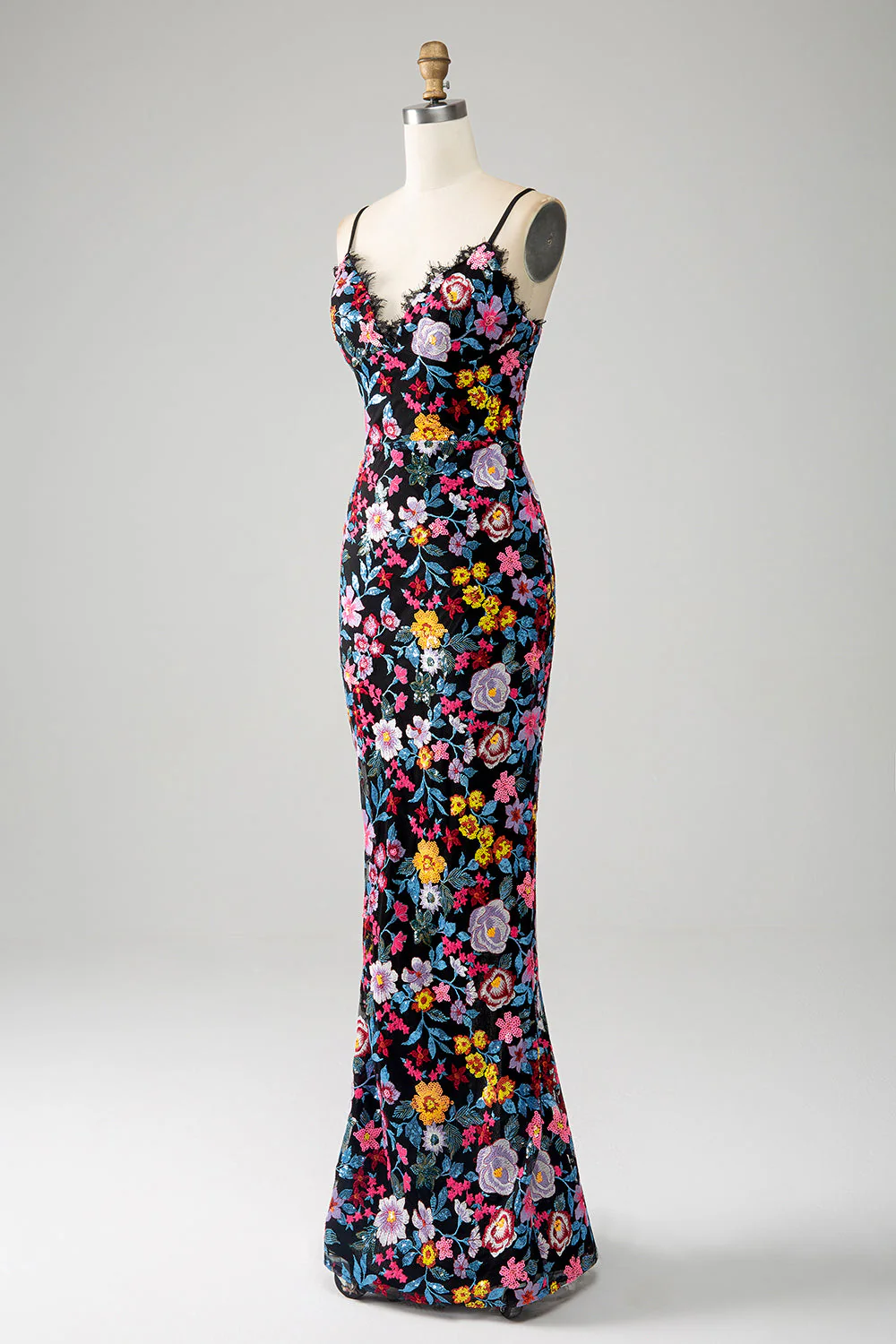 Black Floral Mermaid Spaghetti Straps Long Prom Dress With Embroidery - Image 3