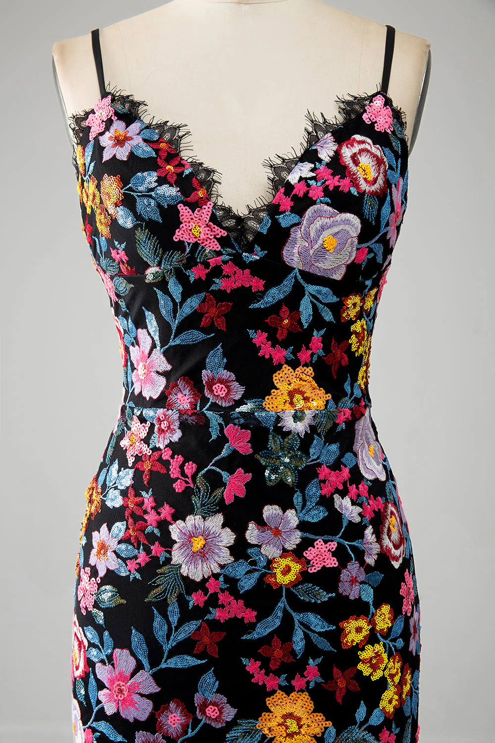 Black Floral Mermaid Spaghetti Straps Long Prom Dress With Embroidery - Image 7