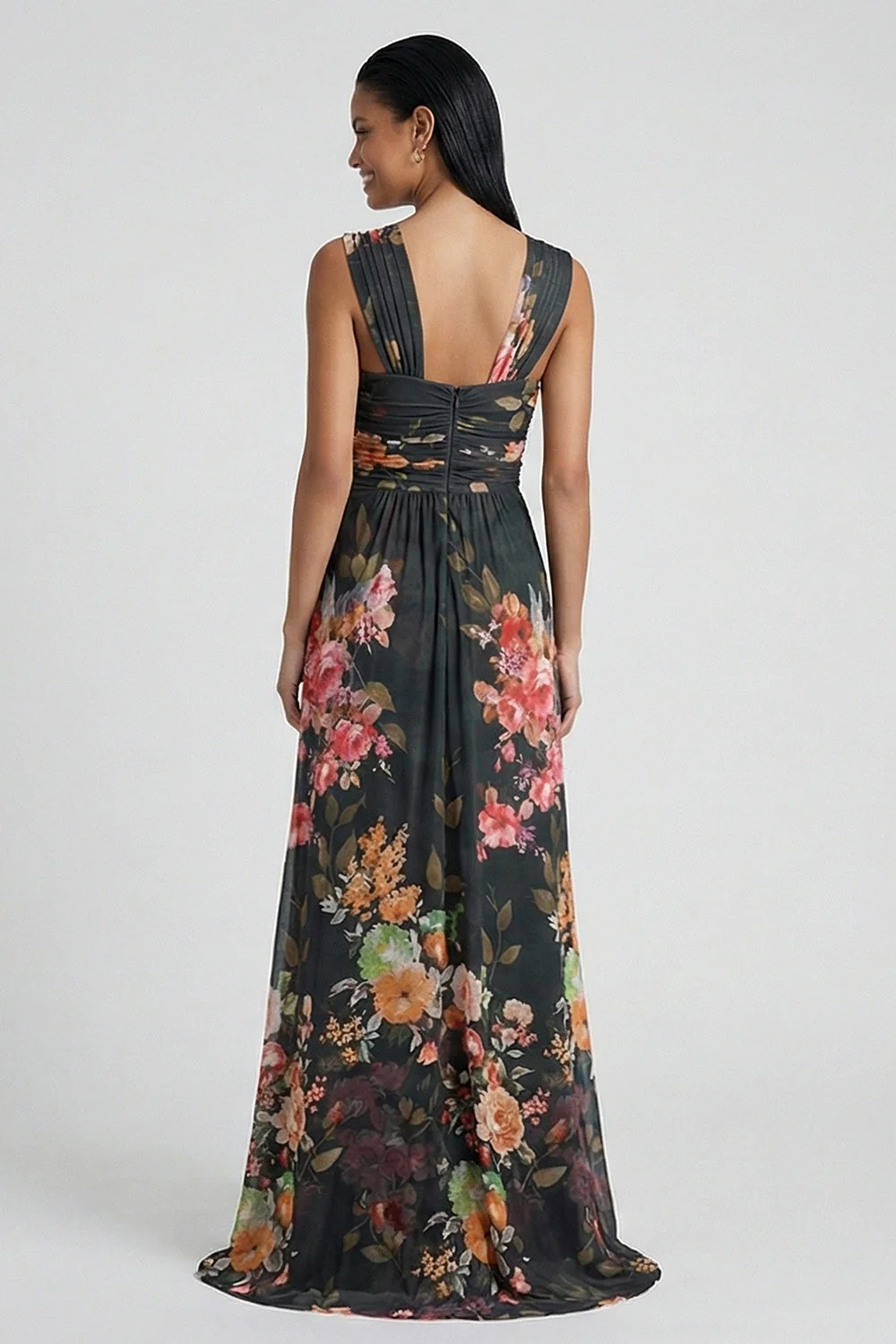 Black Sheath Printed Wide Straps Floral Dress with Slit - Image 2