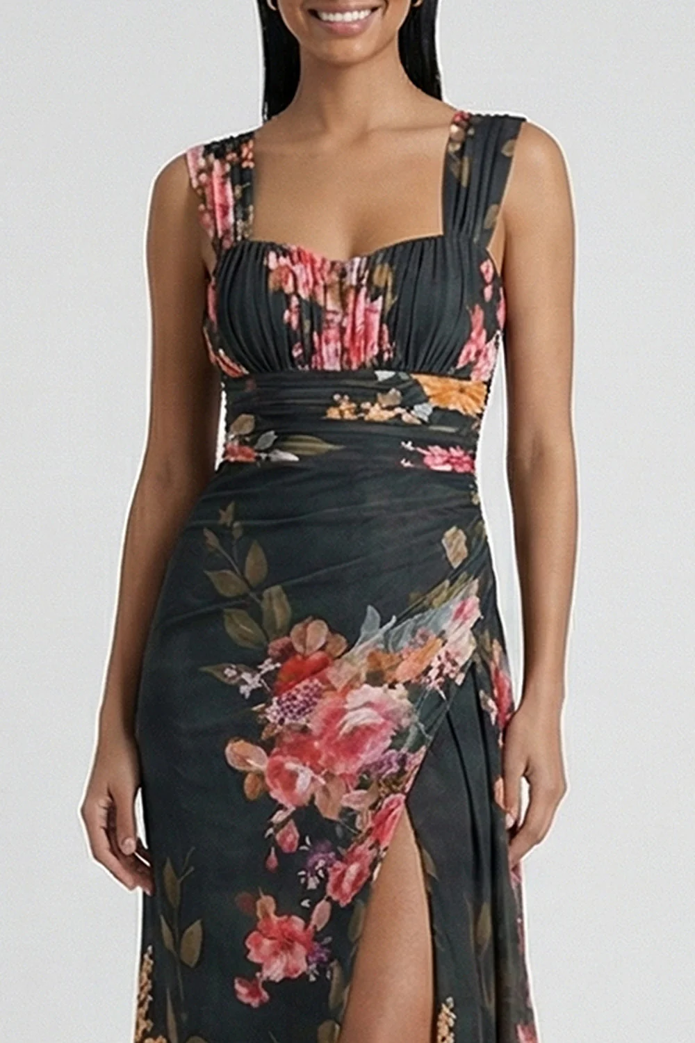 Black Sheath Printed Wide Straps Floral Dress with Slit - Image 3