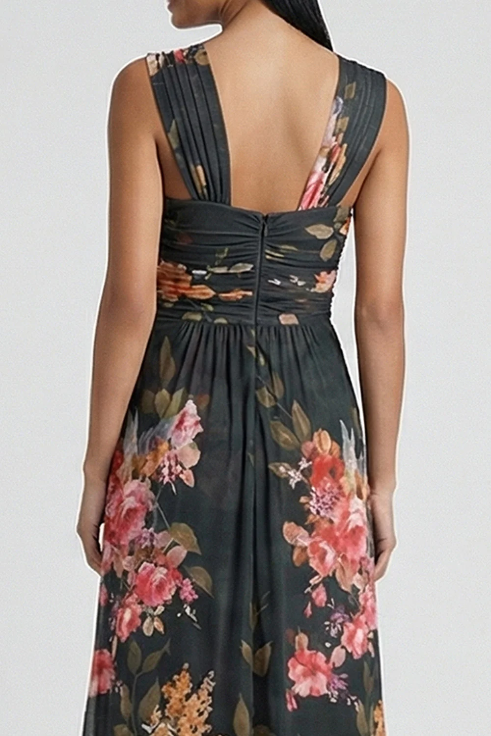 Black Sheath Printed Wide Straps Floral Dress with Slit - Image 4