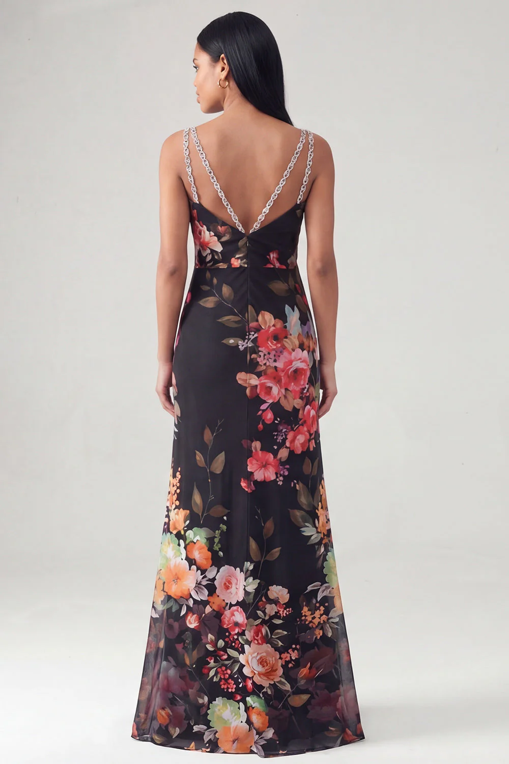 Black Mermaid Spaghetti Straps Long Floral Dress - Image 2