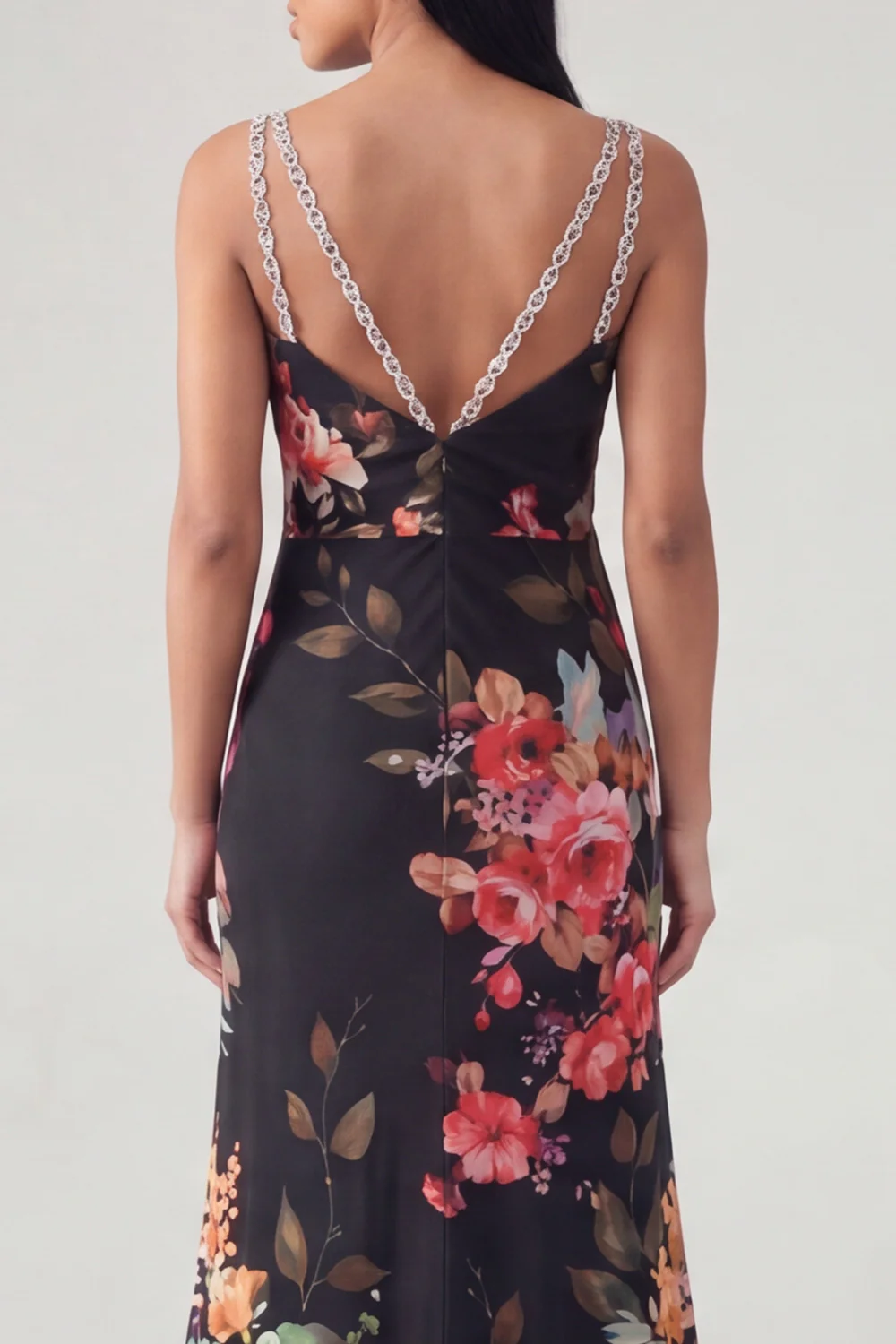 Black Mermaid Spaghetti Straps Long Floral Dress - Image 4