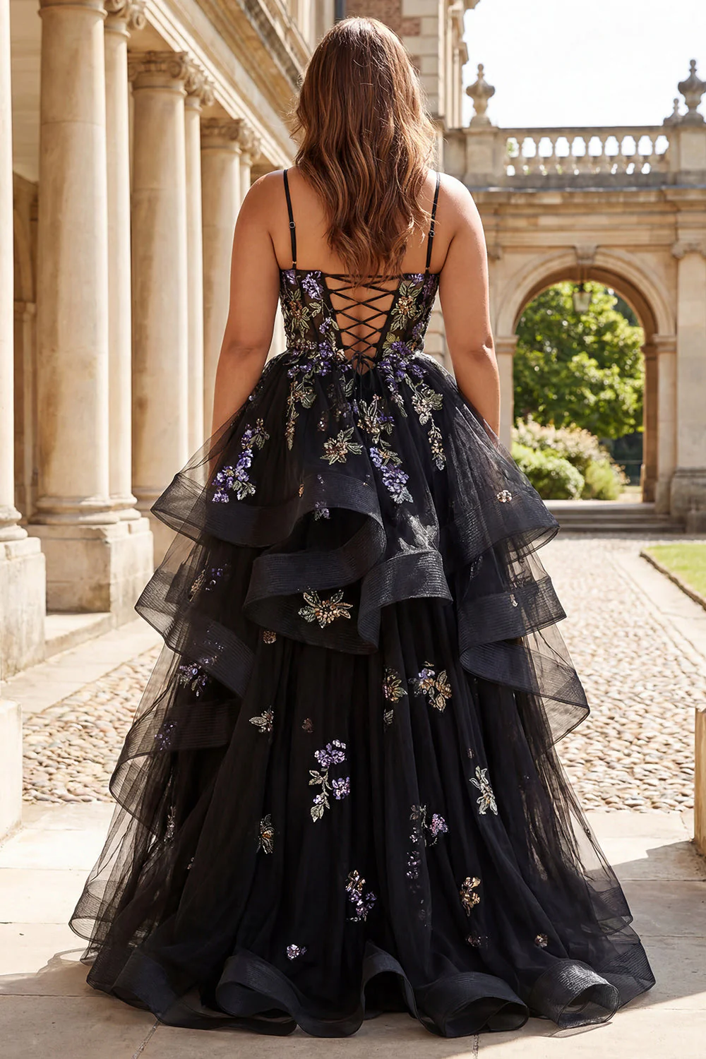 Black Flower Sequins Long Plus Size Prom Dress with Ruffles - Image 2