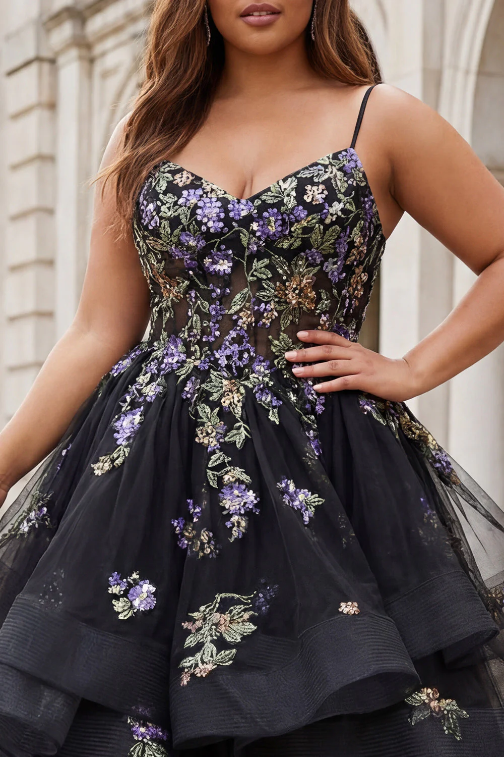 Black Flower Sequins Long Plus Size Prom Dress with Ruffles - Image 3