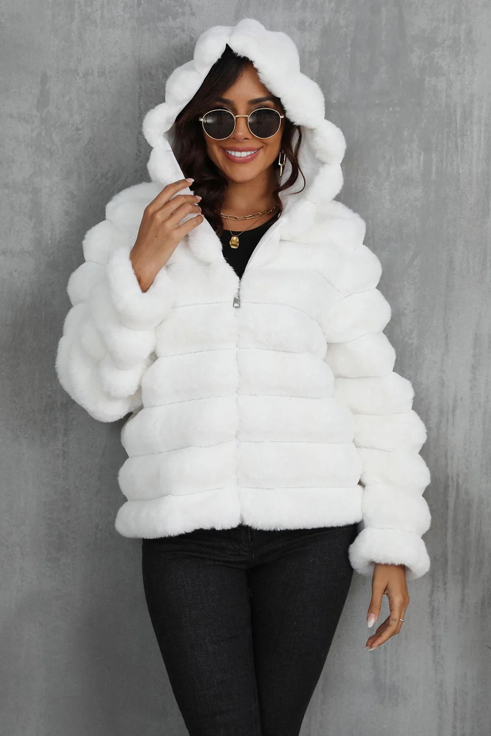 Black Fluffy Faux Fur Cropped Zip Up Coat with Hood - Image 10