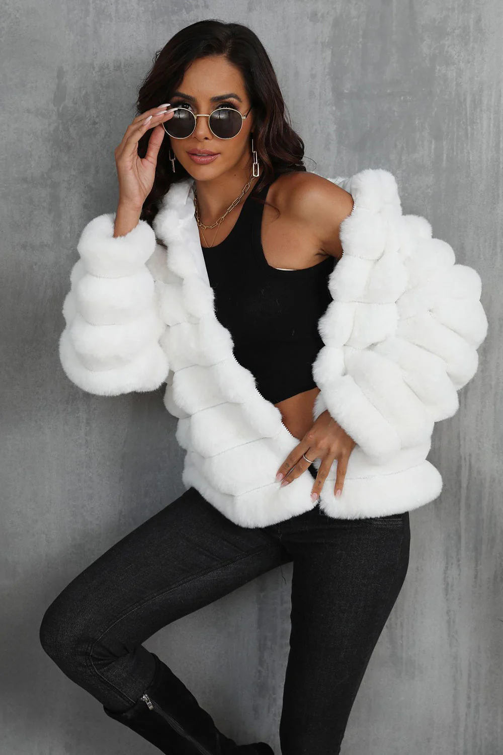Black Fluffy Faux Fur Cropped Zip Up Coat with Hood - Image 11