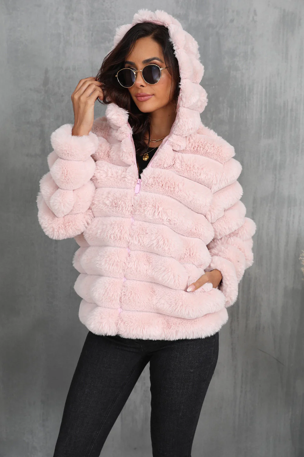 Black Fluffy Faux Fur Cropped Zip Up Coat with Hood - Image 4