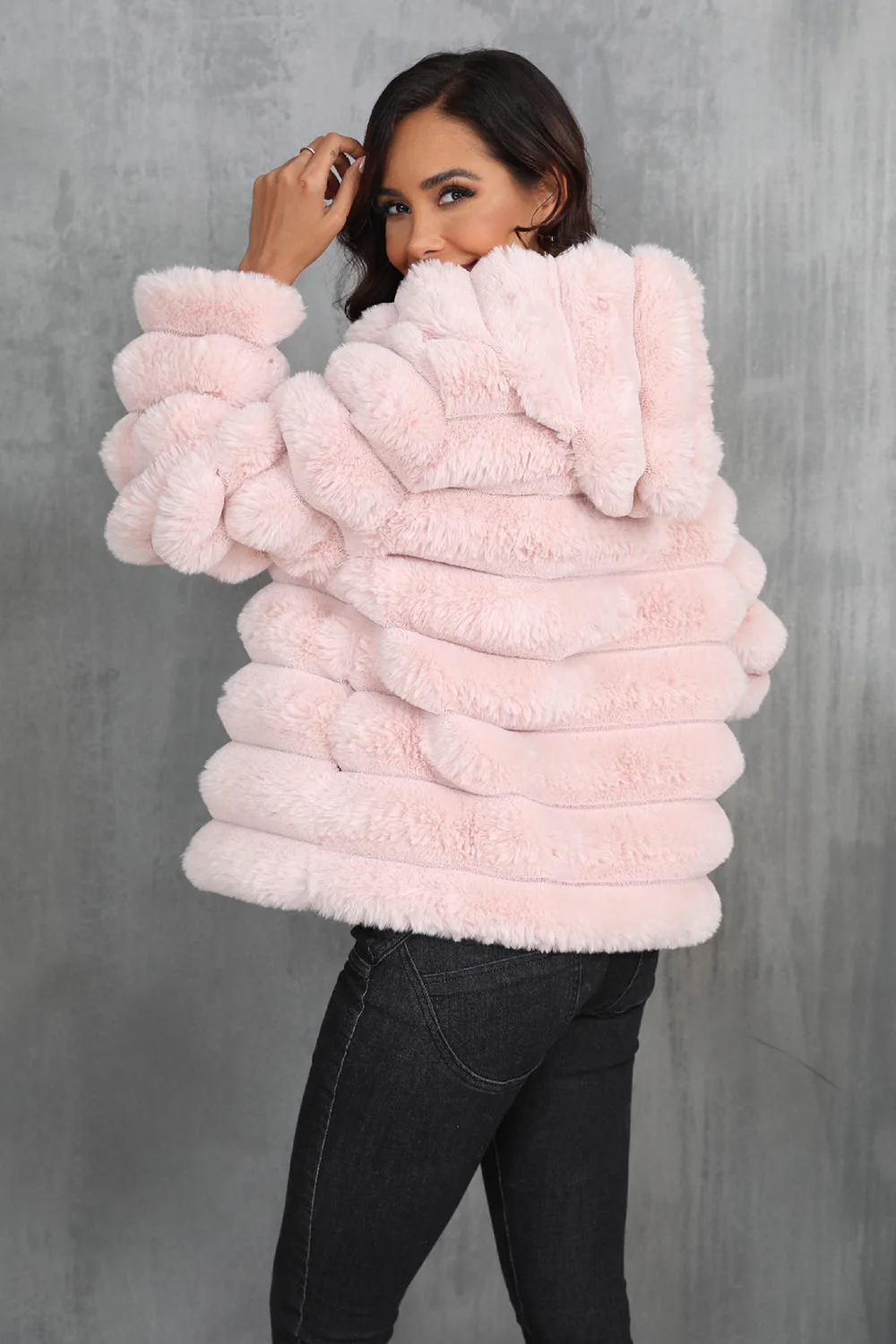 Black Fluffy Faux Fur Cropped Zip Up Coat with Hood - Image 5