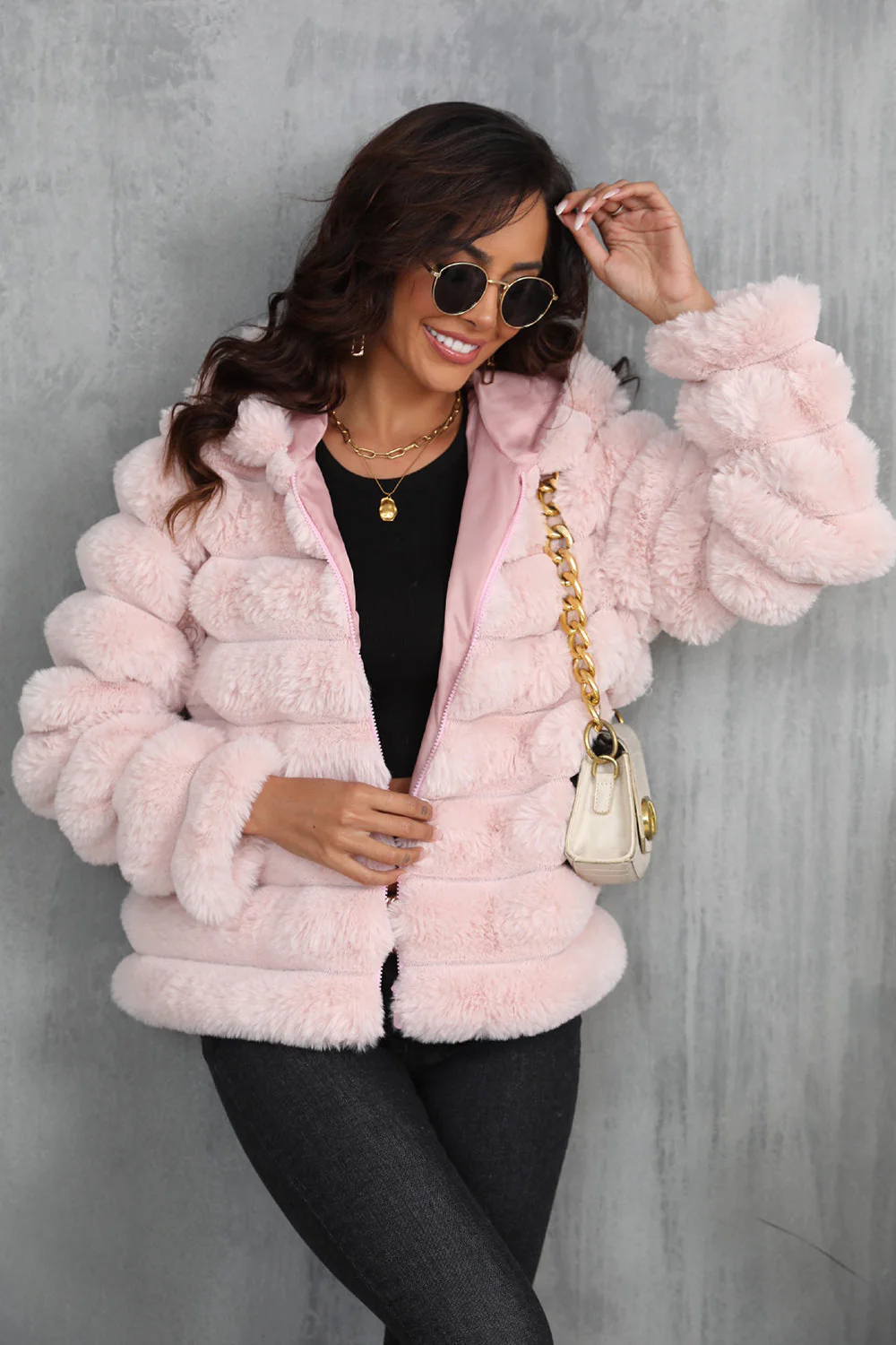 Black Fluffy Faux Fur Cropped Zip Up Coat with Hood - Image 6