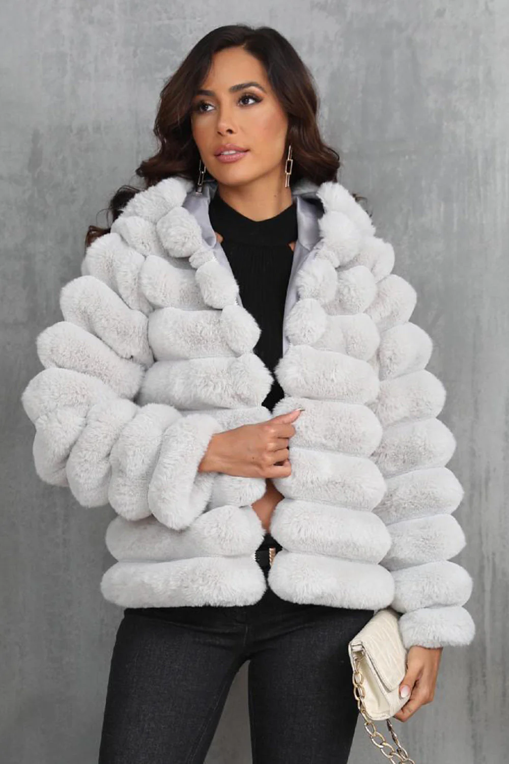 Black Fluffy Faux Fur Cropped Zip Up Coat with Hood - Image 7