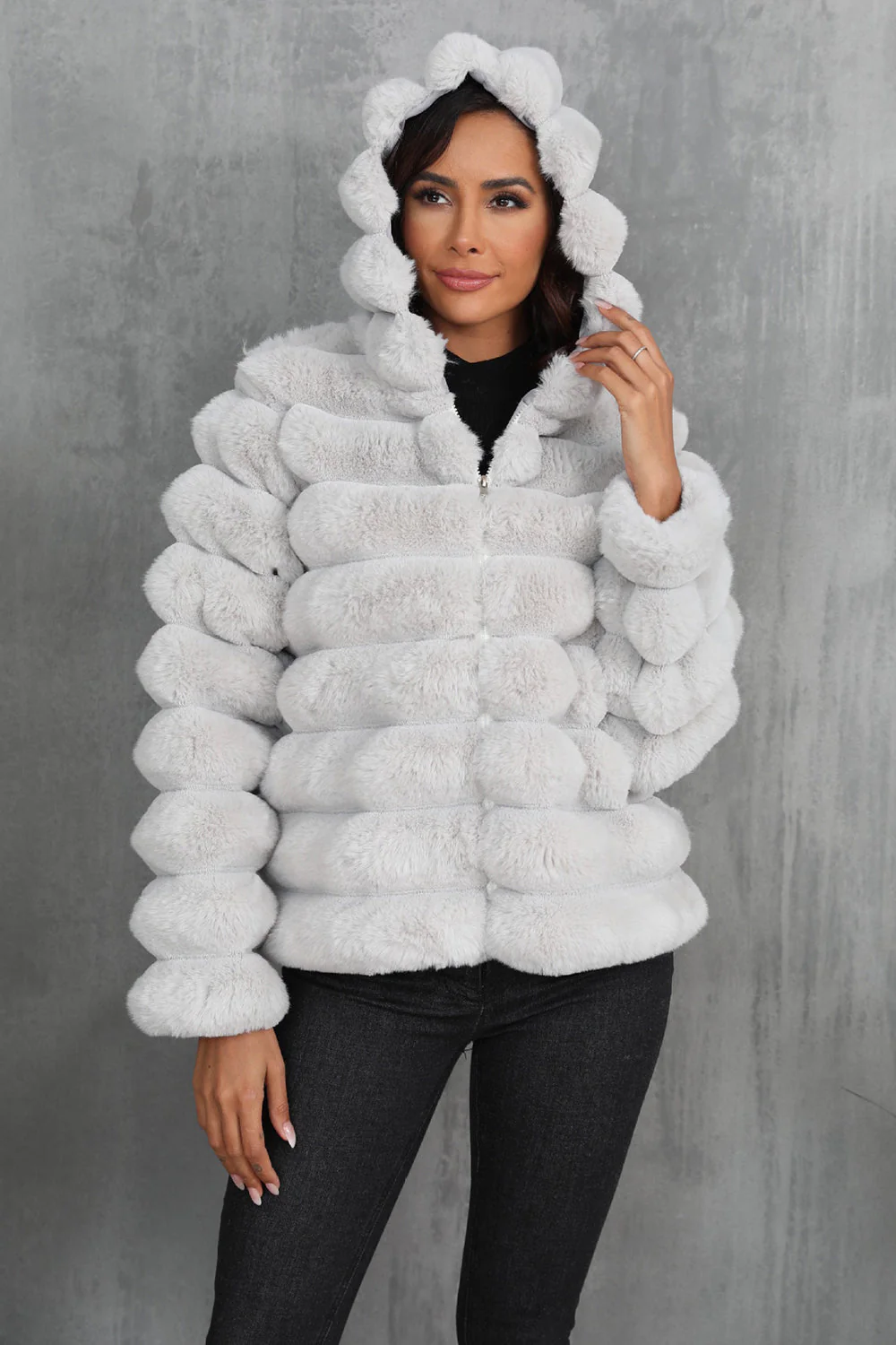Black Fluffy Faux Fur Cropped Zip Up Coat with Hood - Image 8