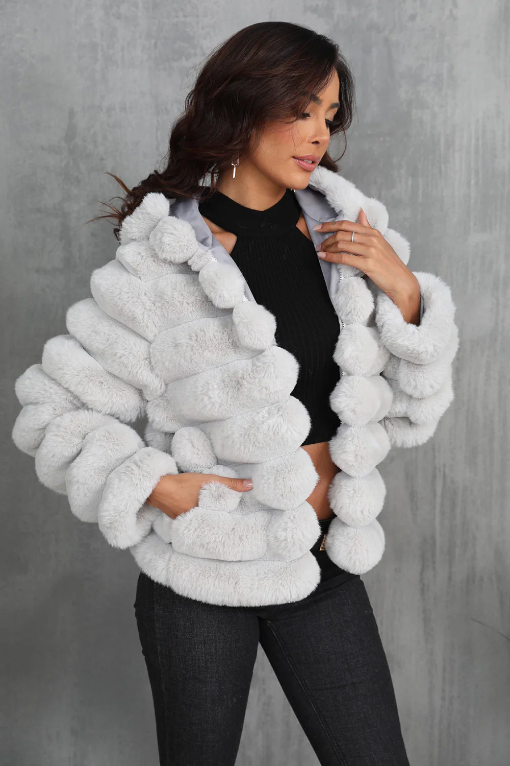 Black Fluffy Faux Fur Cropped Zip Up Coat with Hood - Image 9