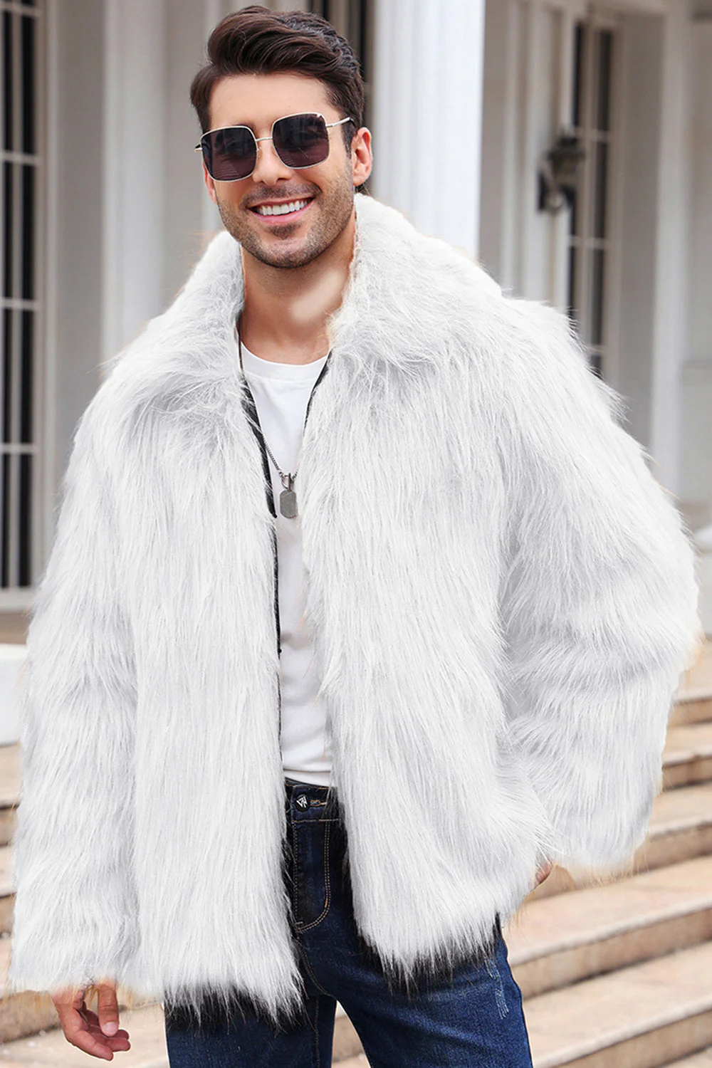 Black Fluffy Faux Fur Winter Men's Coat - Image 2