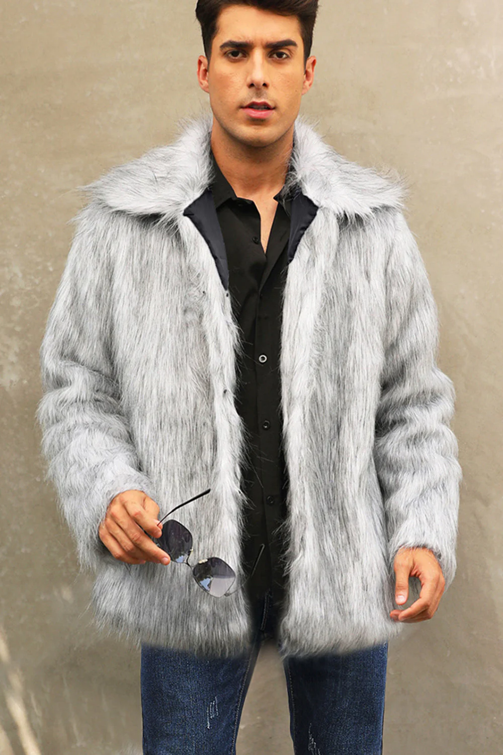 Black Fluffy Faux Fur Winter Men's Coat - Image 3