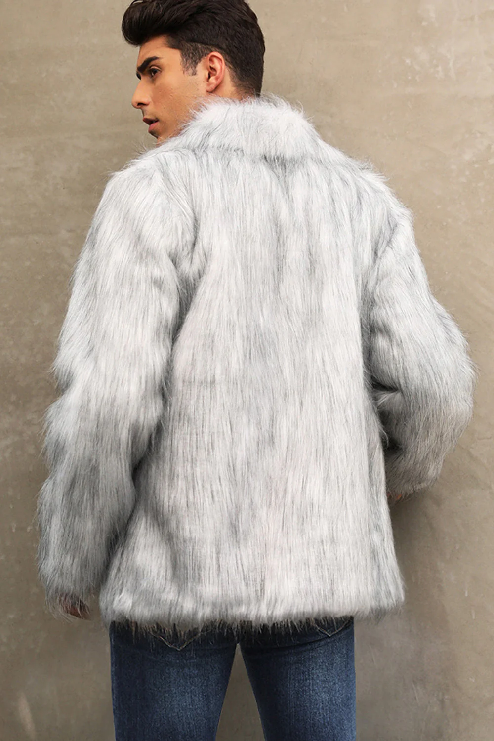 Black Fluffy Faux Fur Winter Men's Coat - Image 4