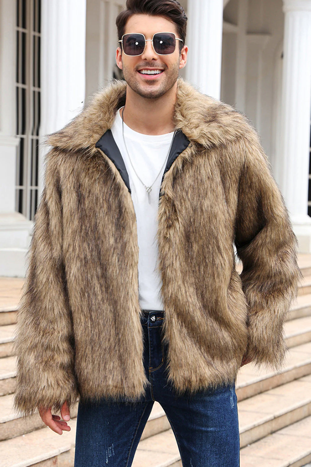 Black Fluffy Faux Fur Winter Men's Coat - Image 5