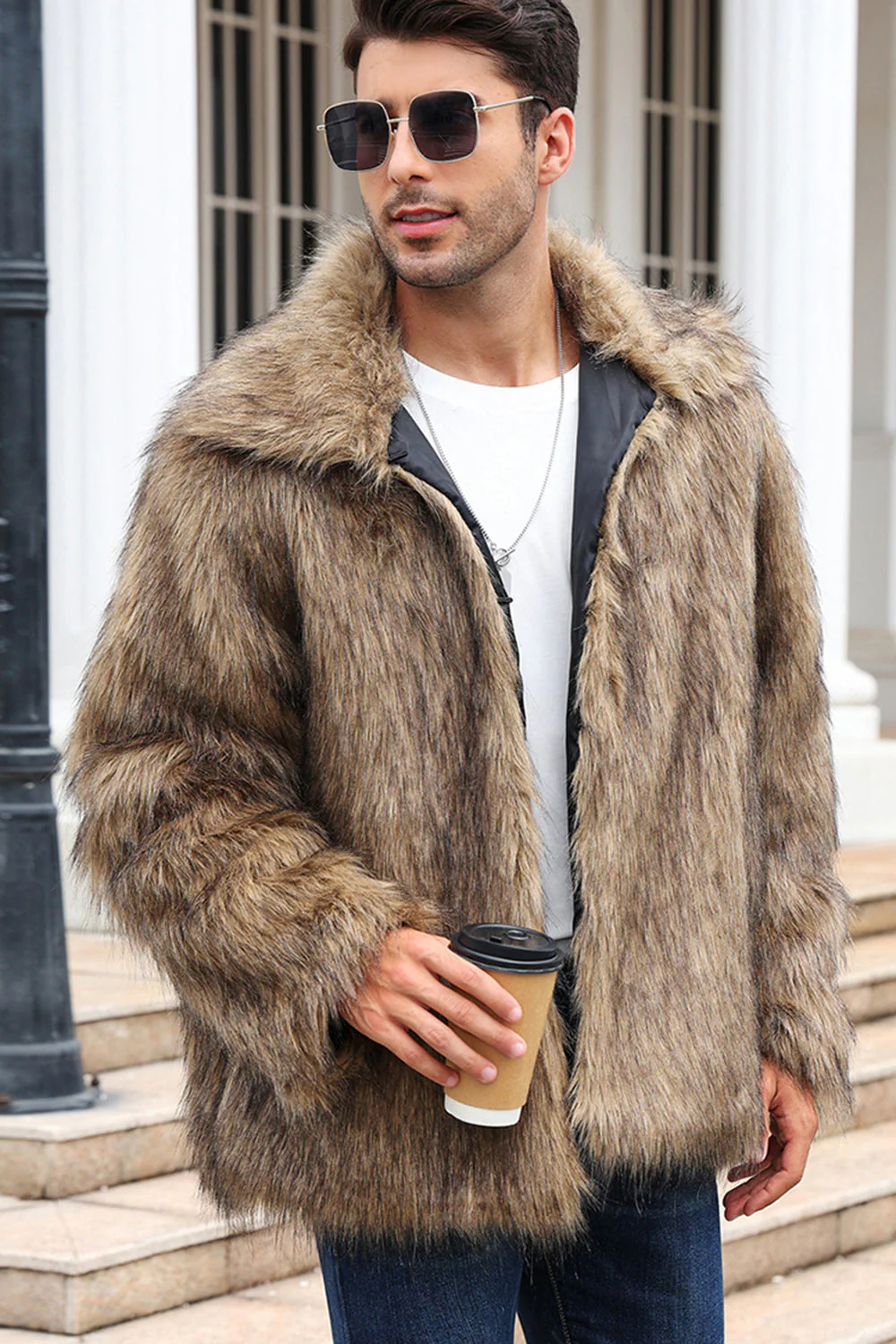 Black Fluffy Faux Fur Winter Men's Coat - Image 6