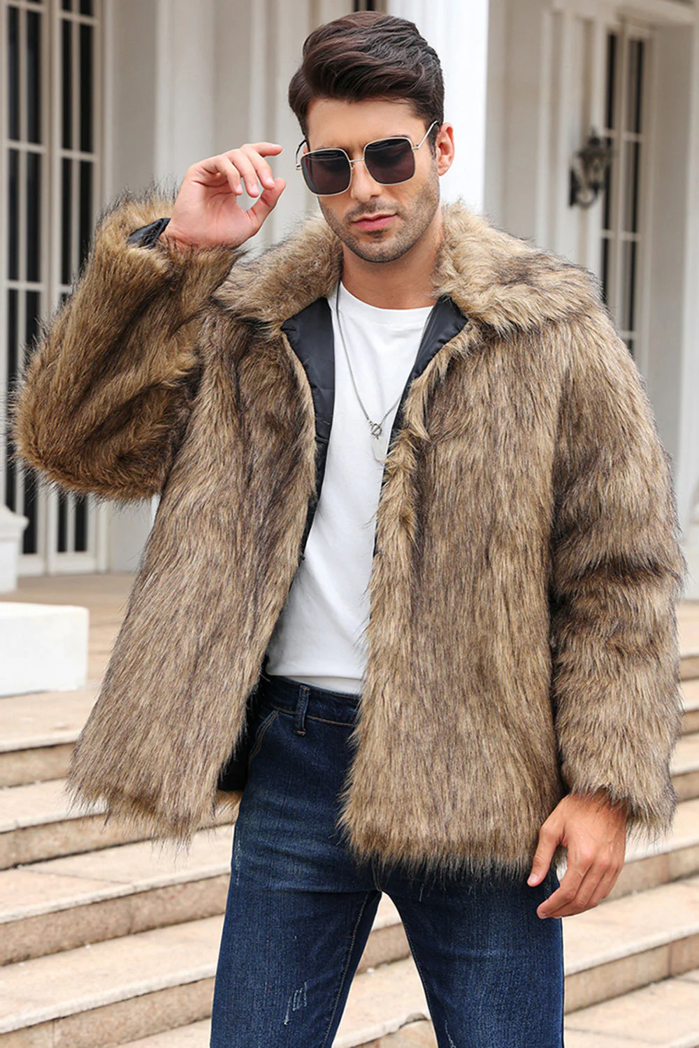 Black Fluffy Faux Fur Winter Men's Coat - Image 8