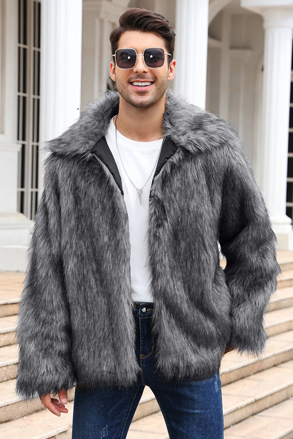 Black Fluffy Faux Fur Winter Men's Coat - Image 9