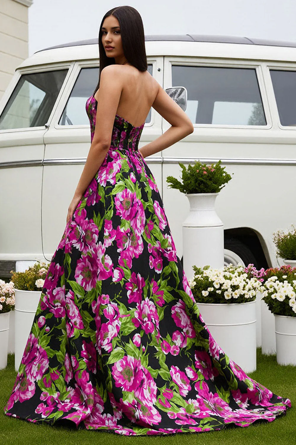 Black Fuchsia Flower A-Line Strapless Satin Long Prom Dress - Image 2