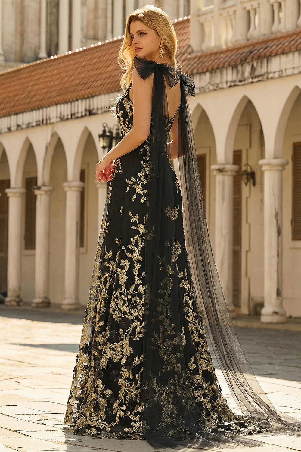 Black Golden Floral A-Line V-Neck Long Prom Dress with Streamer - Image 2