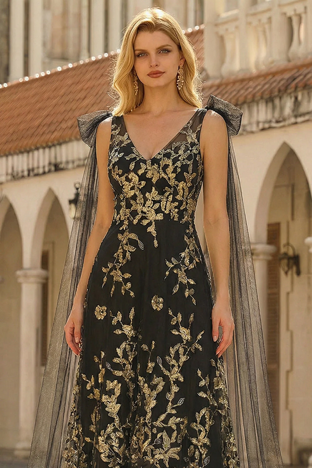 Black Golden Floral A-Line V-Neck Long Prom Dress with Streamer - Image 3