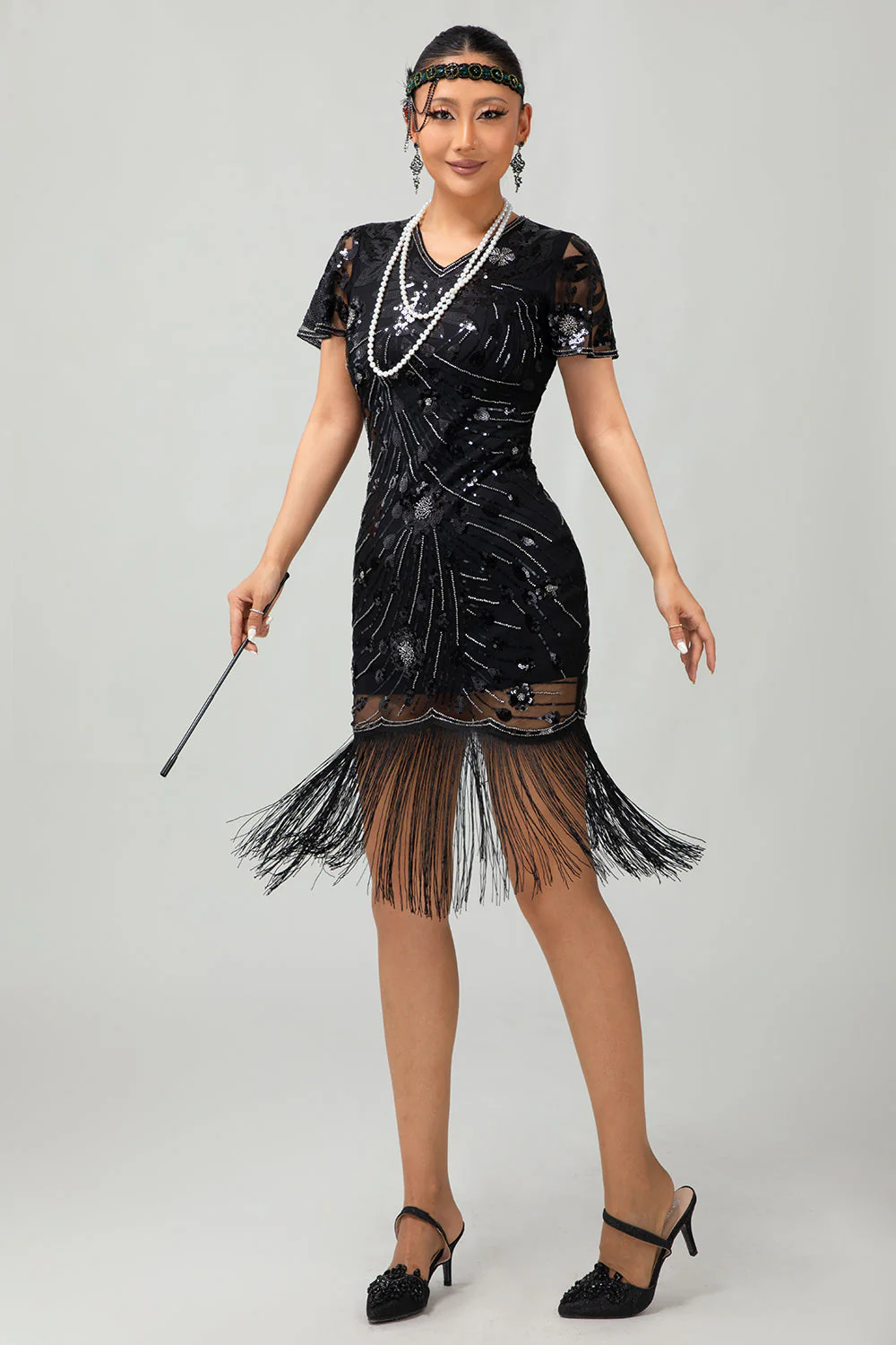 Black Golden Gatsby Sequin 1920s Dress With Fringes - Image 11