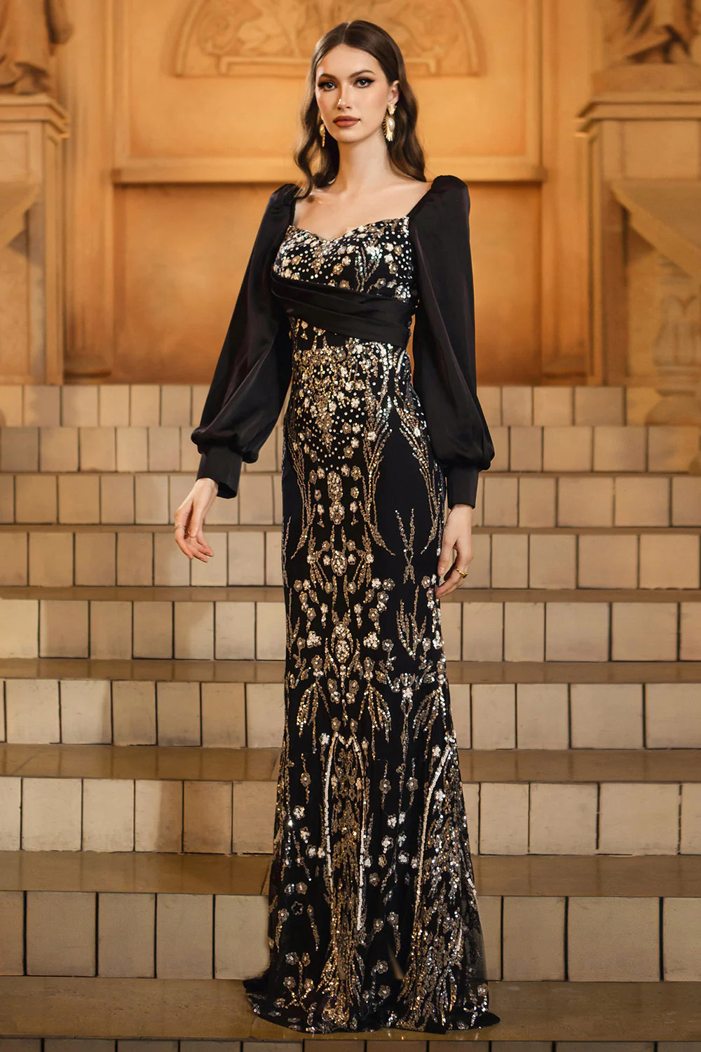 Black Golden Long Sleeve Mermaid Sequin Evening Dress - Image 4