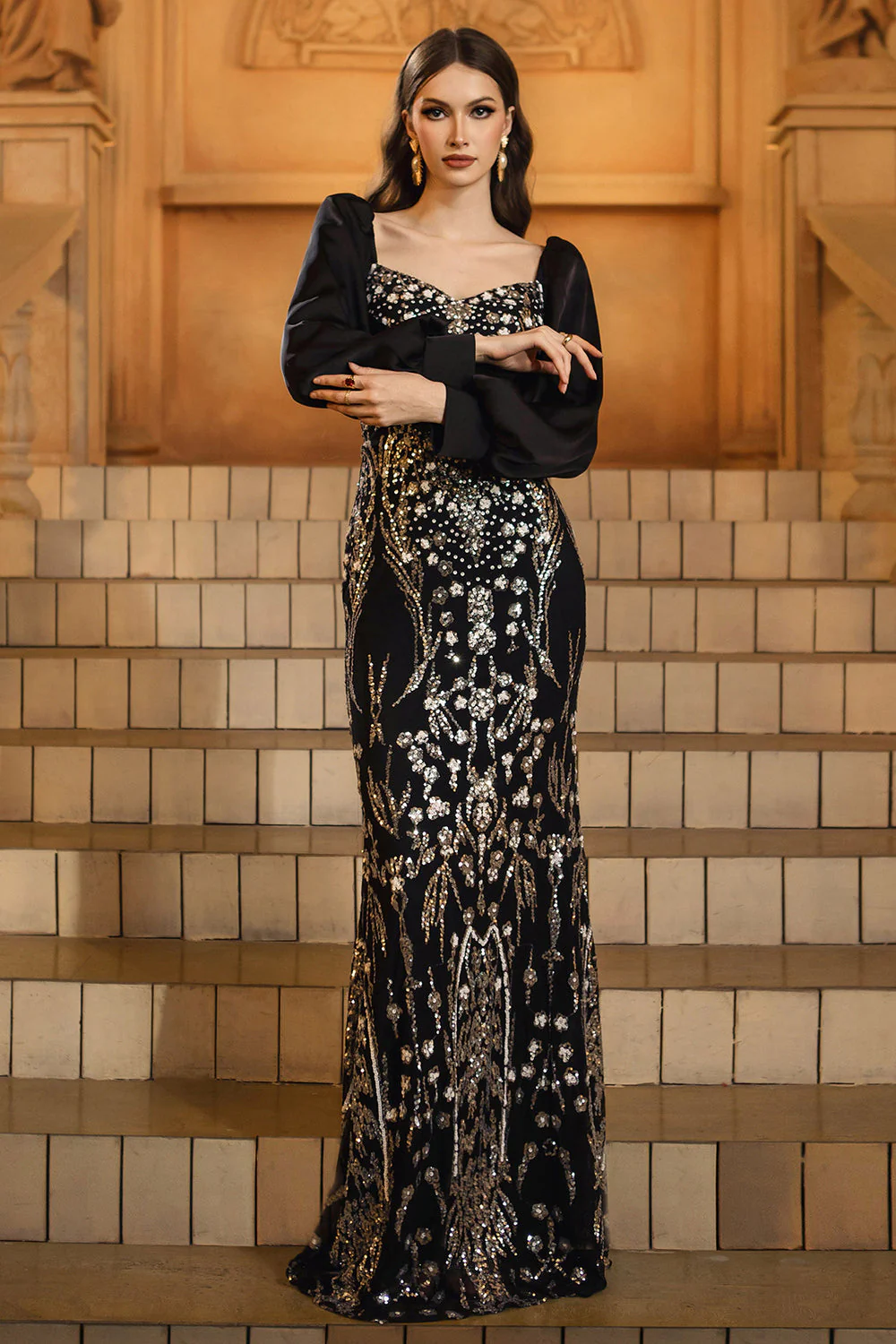 Black Golden Long Sleeve Mermaid Sequin Evening Dress - Image 5