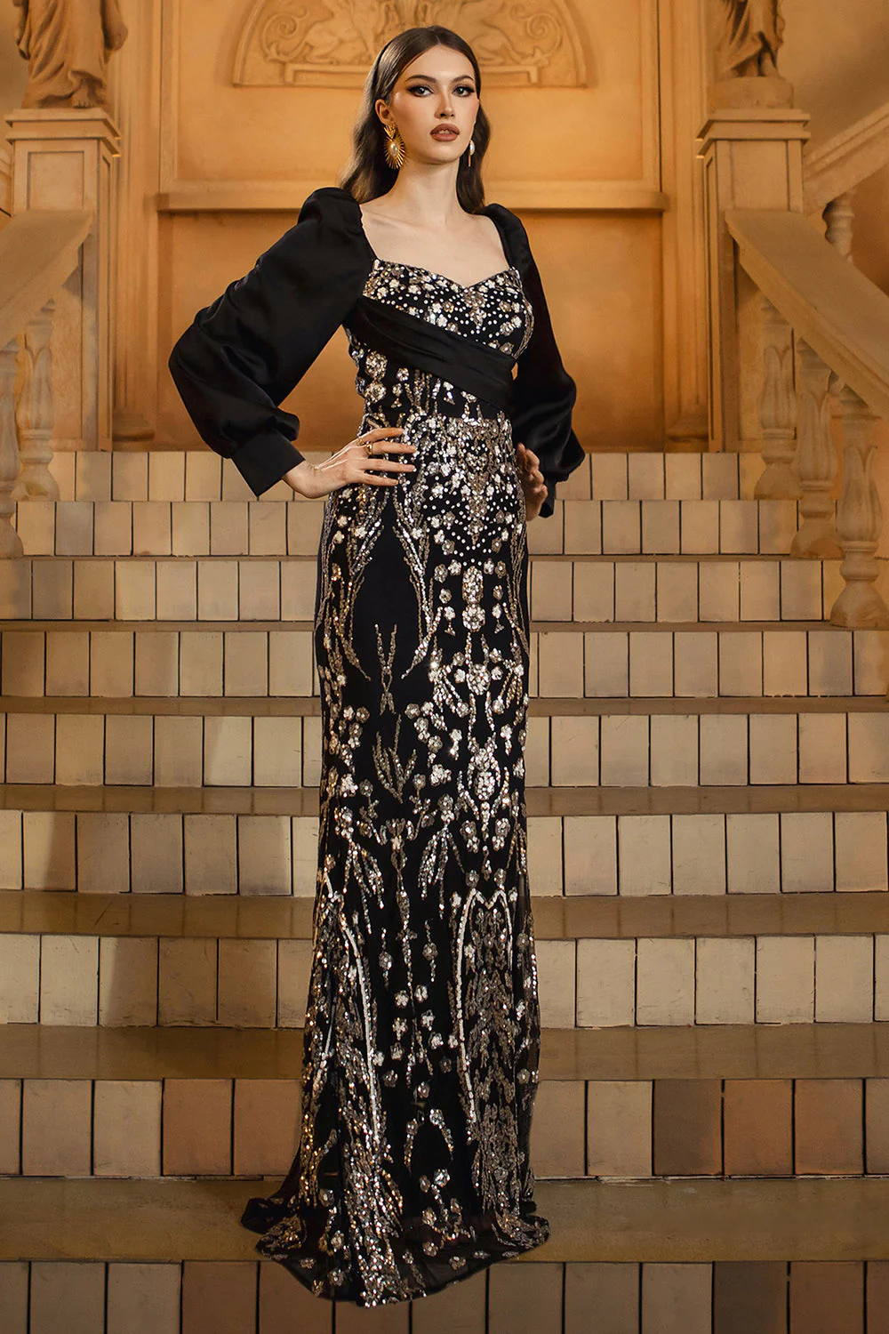 Black Golden Long Sleeve Mermaid Sequin Evening Dress - Image 6