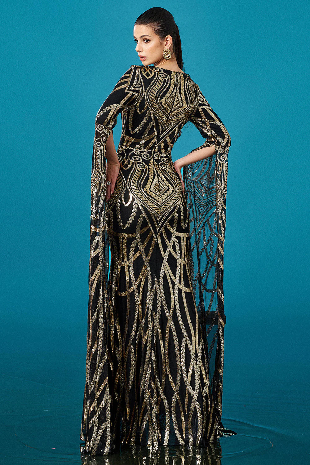 Black Golden Mermaid Long Sleeves Sequin Evening Dress - Image 2