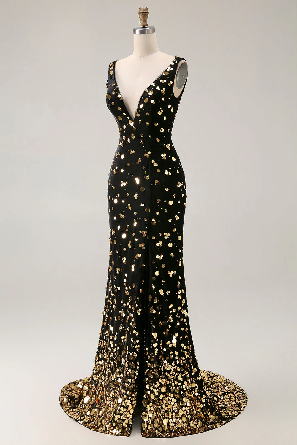 Black Golden Mermaid Sequin V Neck Open Back Long Prom Dress with Slit - Image 3