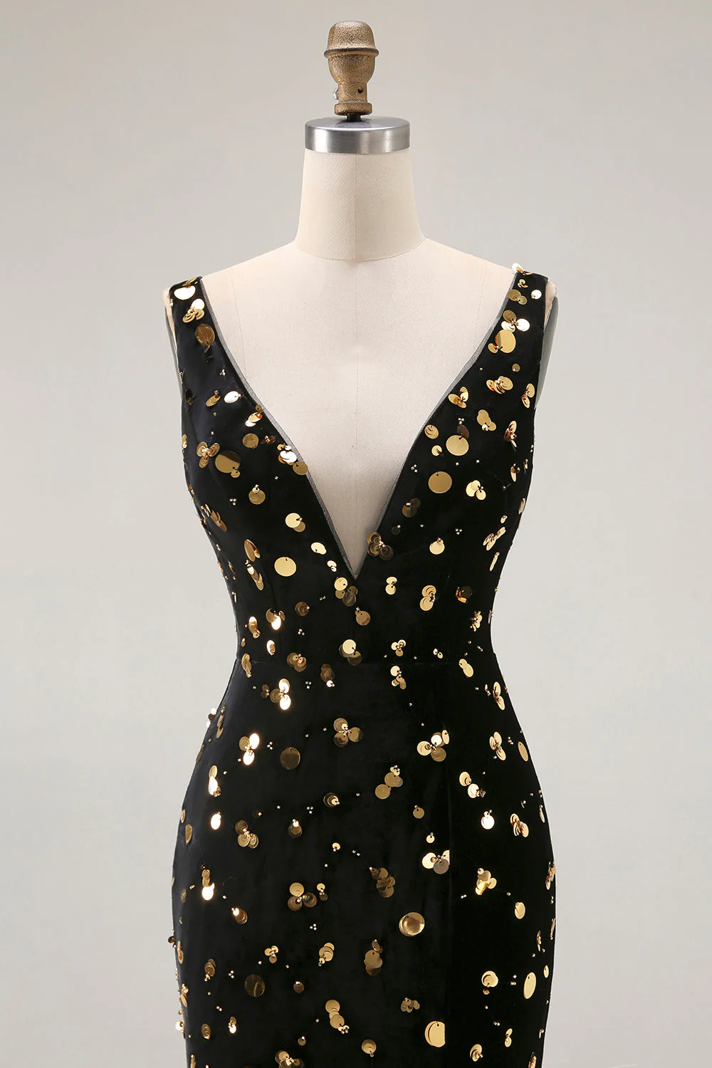 Black Golden Mermaid Sequin V Neck Open Back Long Prom Dress with Slit - Image 4