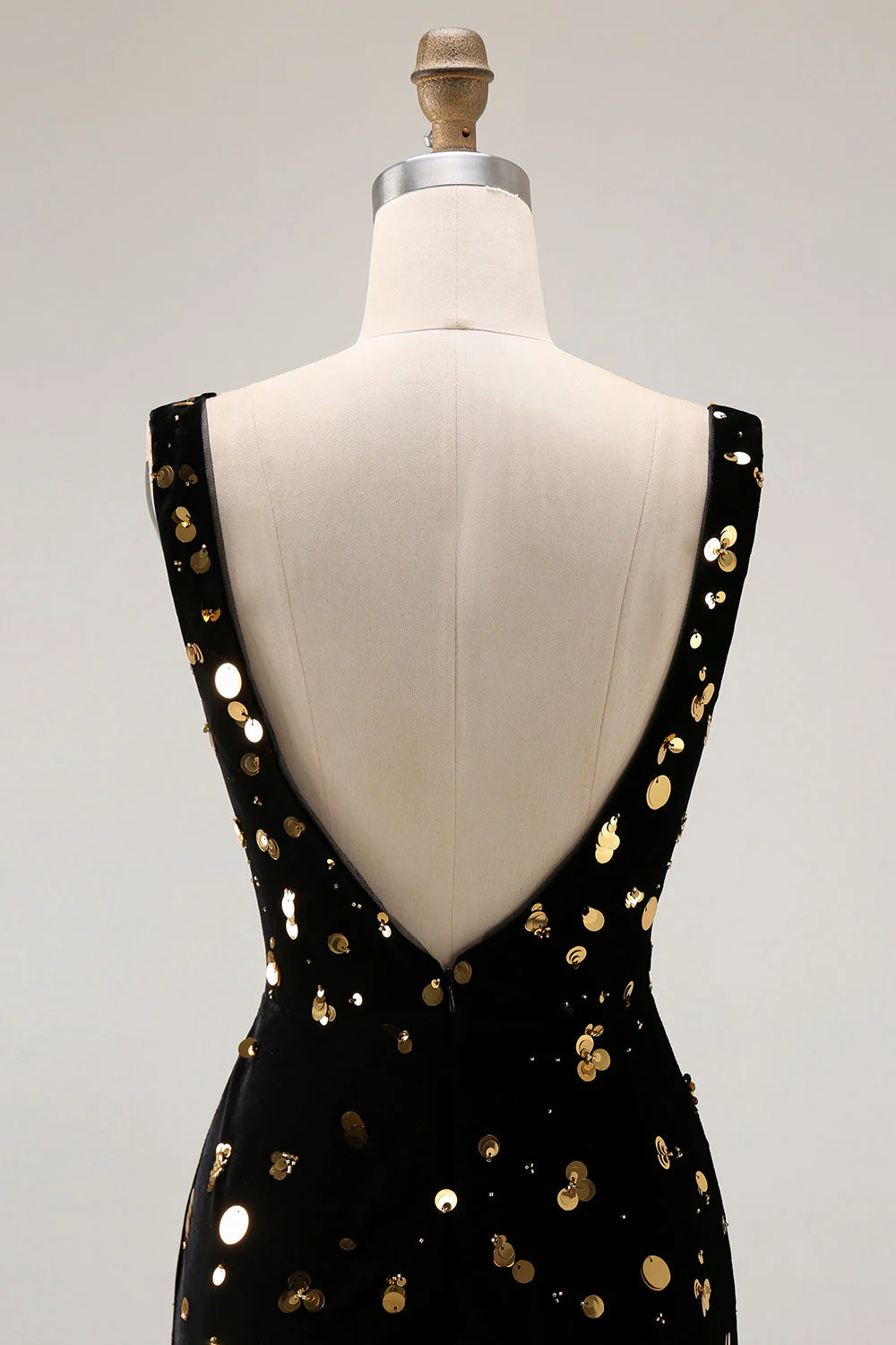 Black Golden Mermaid Sequin V Neck Open Back Long Prom Dress with Slit - Image 5