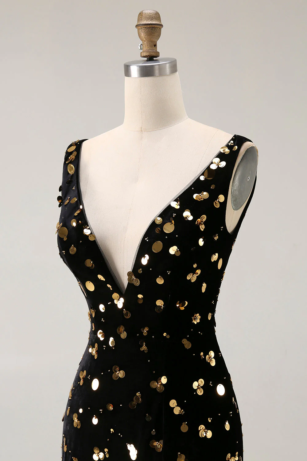 Black Golden Mermaid Sequin V Neck Open Back Long Prom Dress with Slit - Image 6