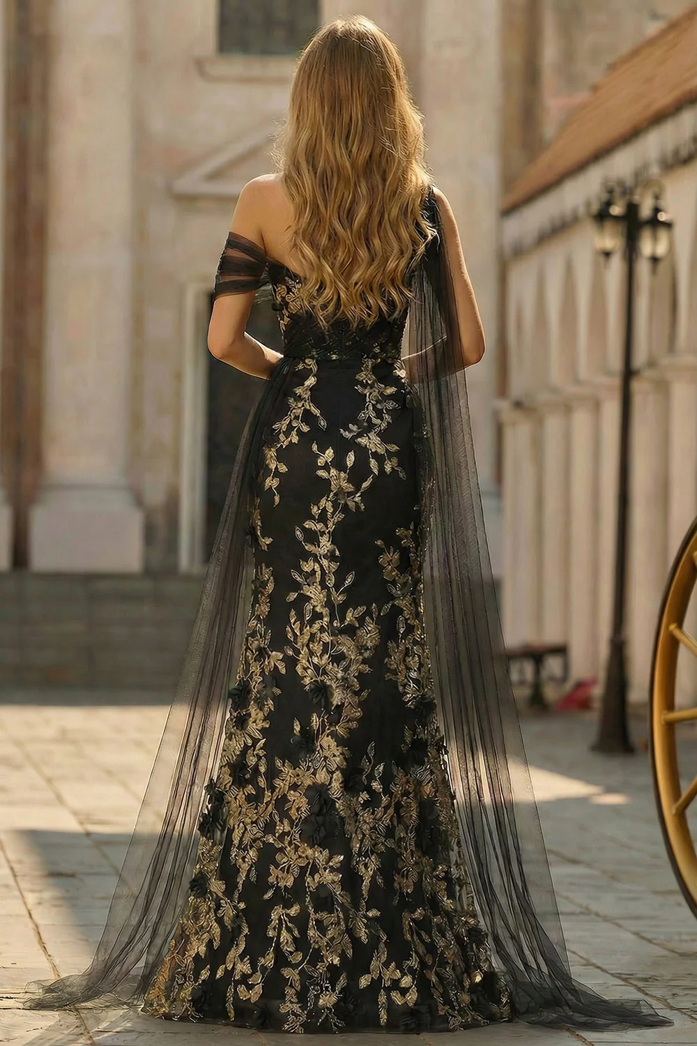 Black Golden One Shoulder 3D Flower Mermaid Long Plus Size Prom Dress - Image 3