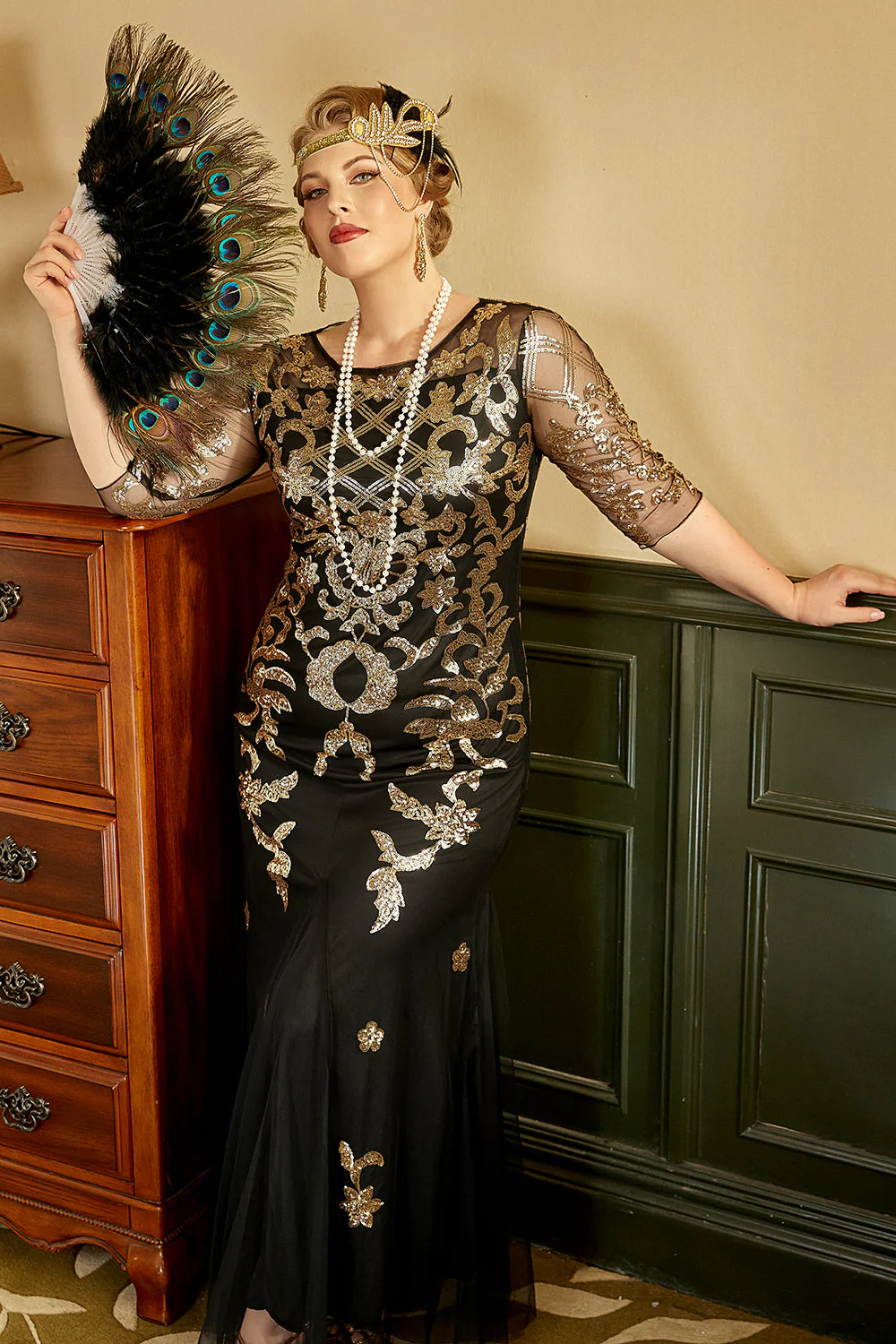 Black Golden Plus Size 1920s Sequins Dress - Image 3